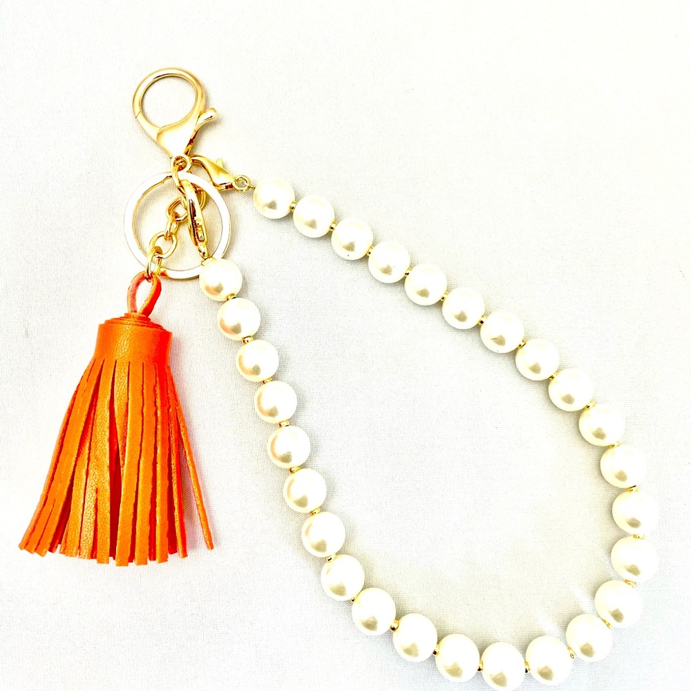 Orange tassel and pearl chain keychain and keyring